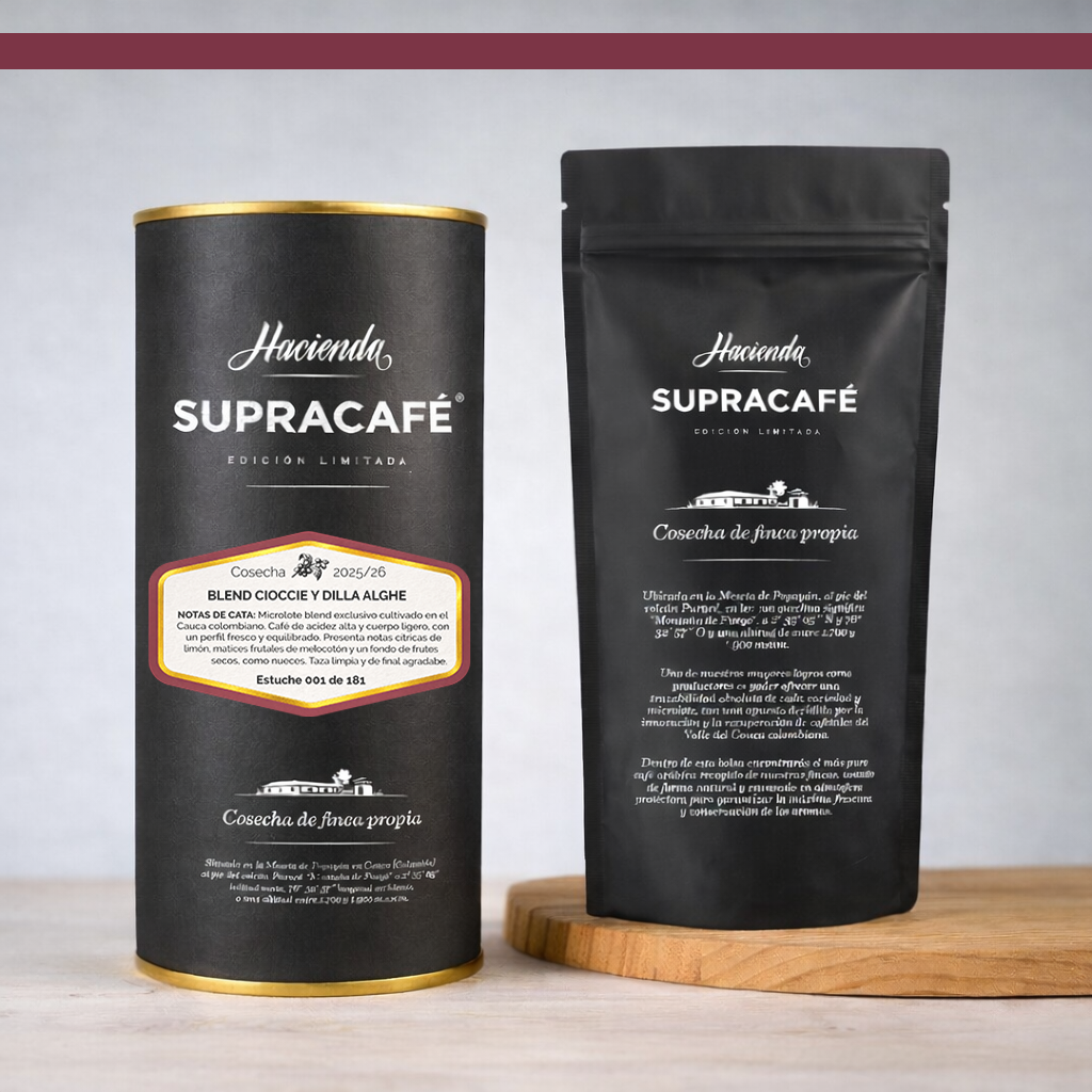 Café de Colombia de cosecha propia Hacienda Supracafé blend Cioccie y Dilla Alghe 250g